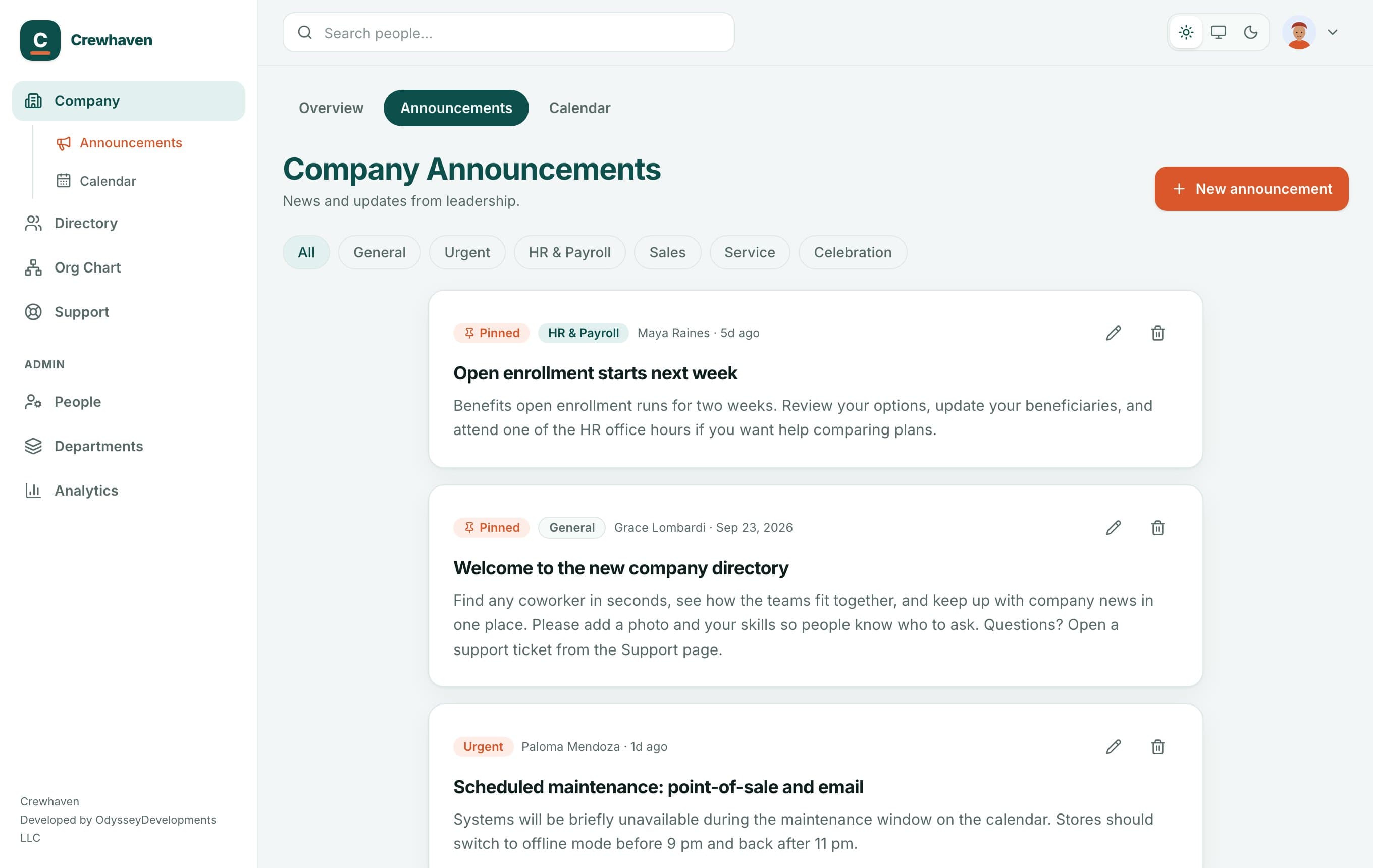 Company announcements, with pinned and urgent posts.