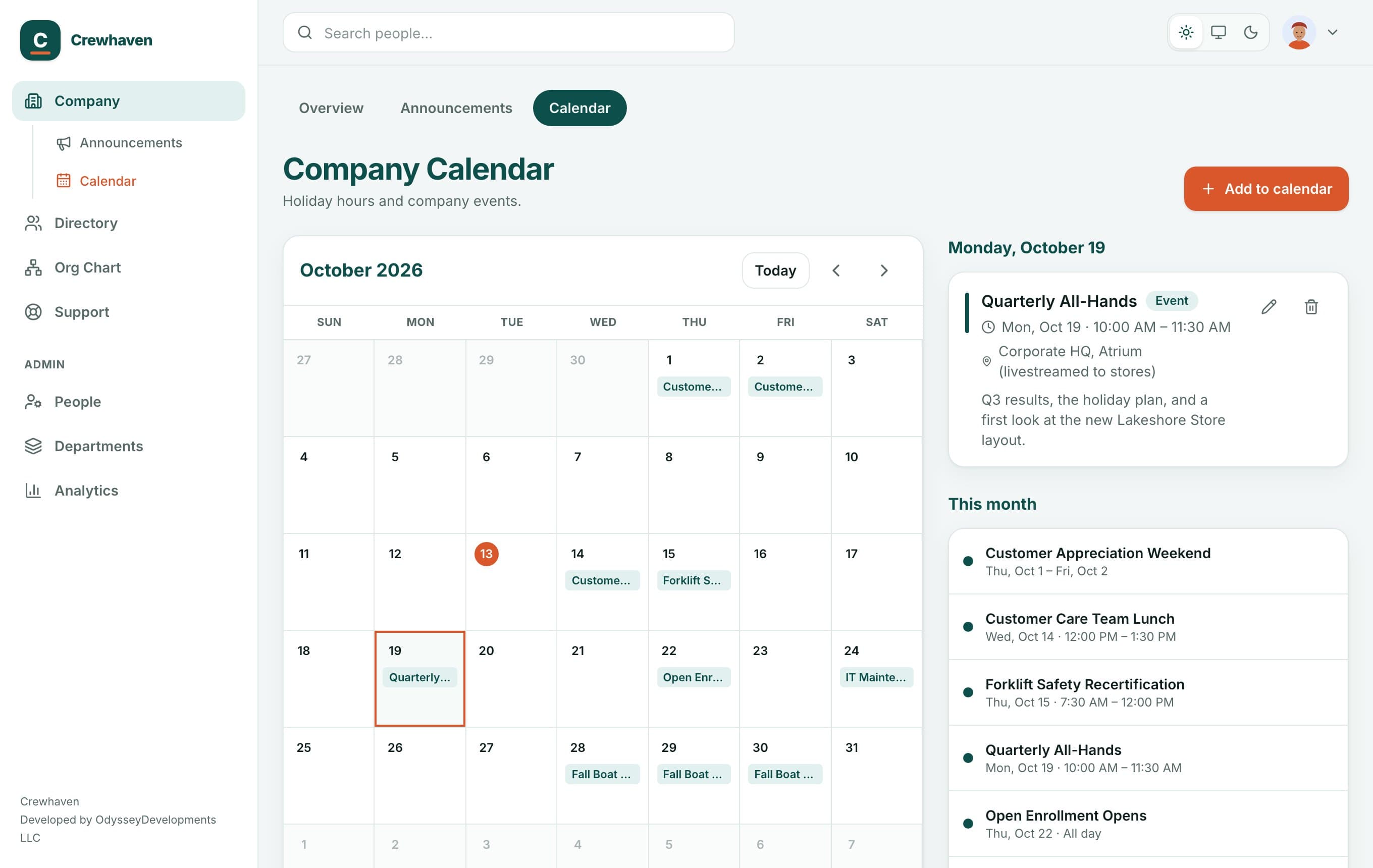 The company calendar with events and holiday hours.