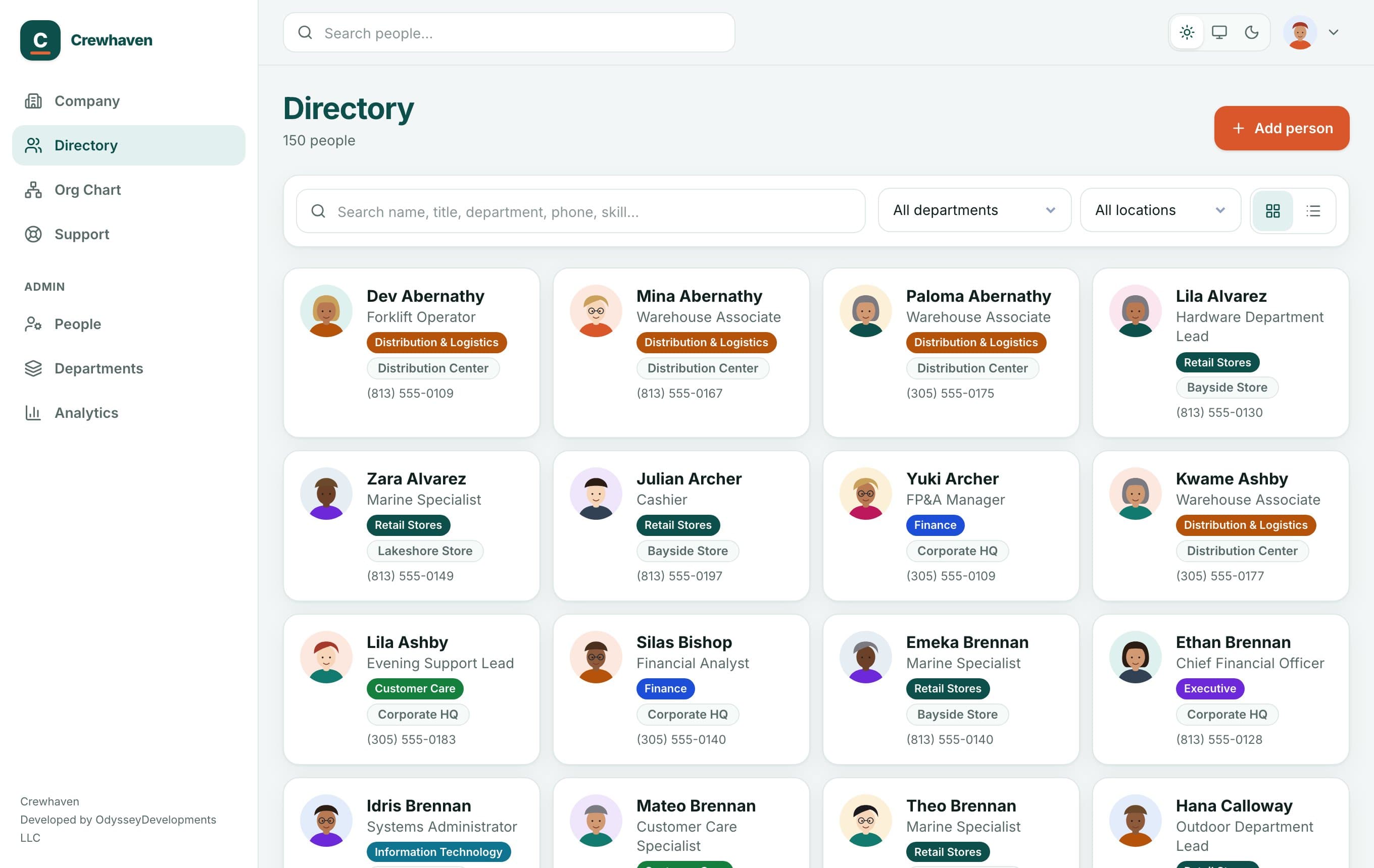The Crewhaven directory: a searchable grid of employee cards with photos, titles, departments and phone numbers.