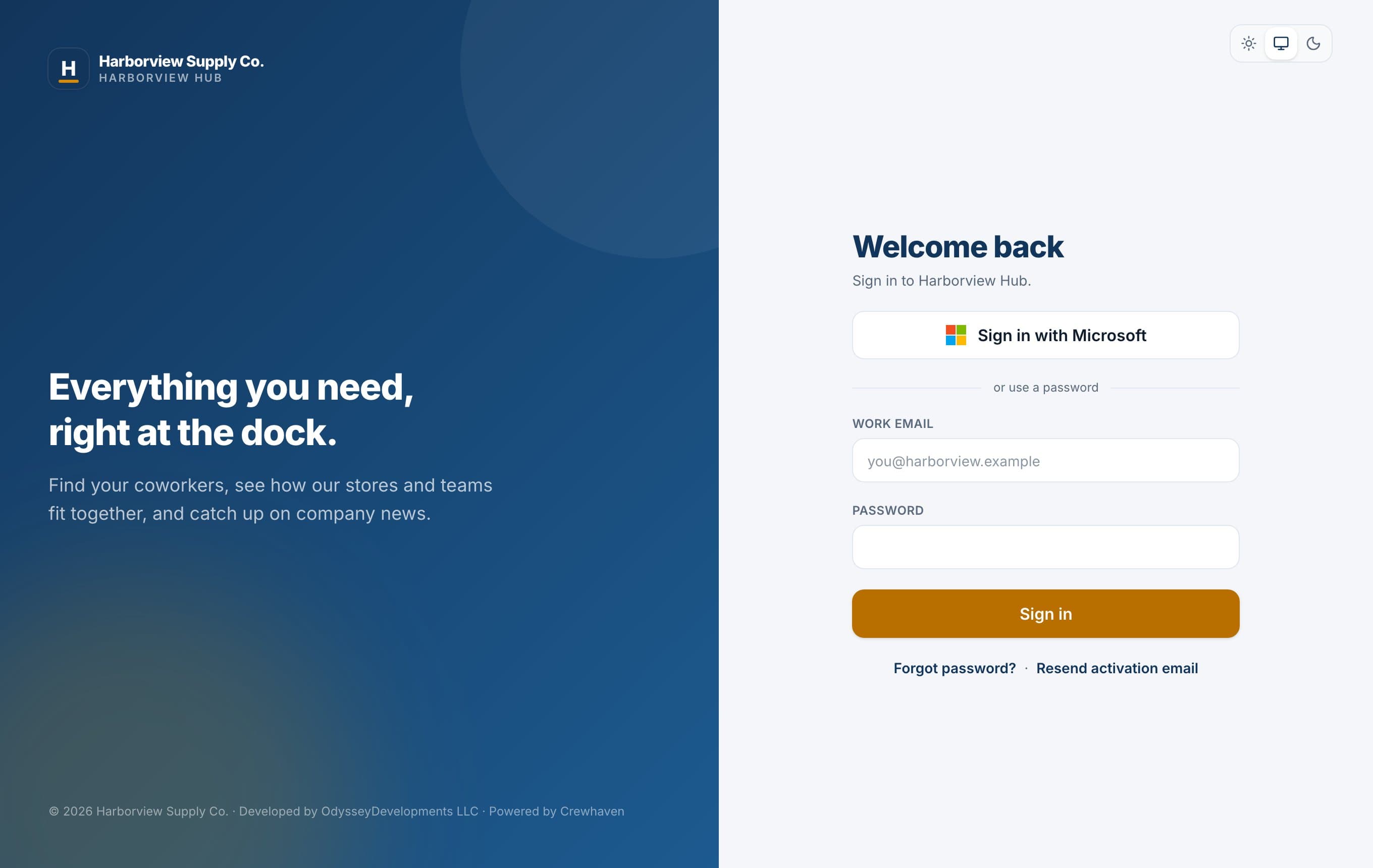 The same sign-in screen branded for Harborview Supply Co., with its own name, colors and welcome message.