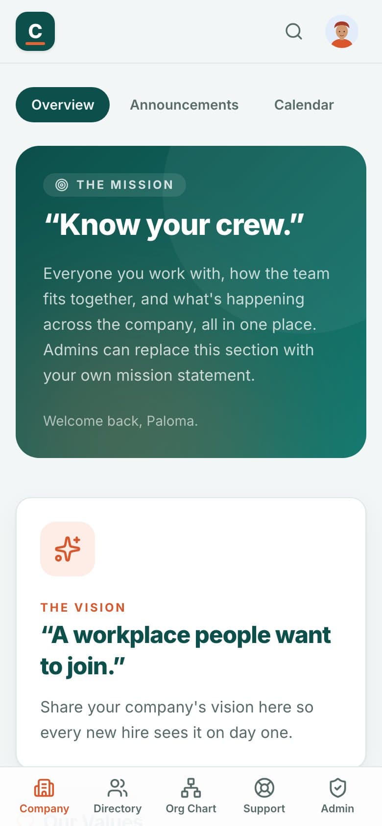 The company page on a phone.