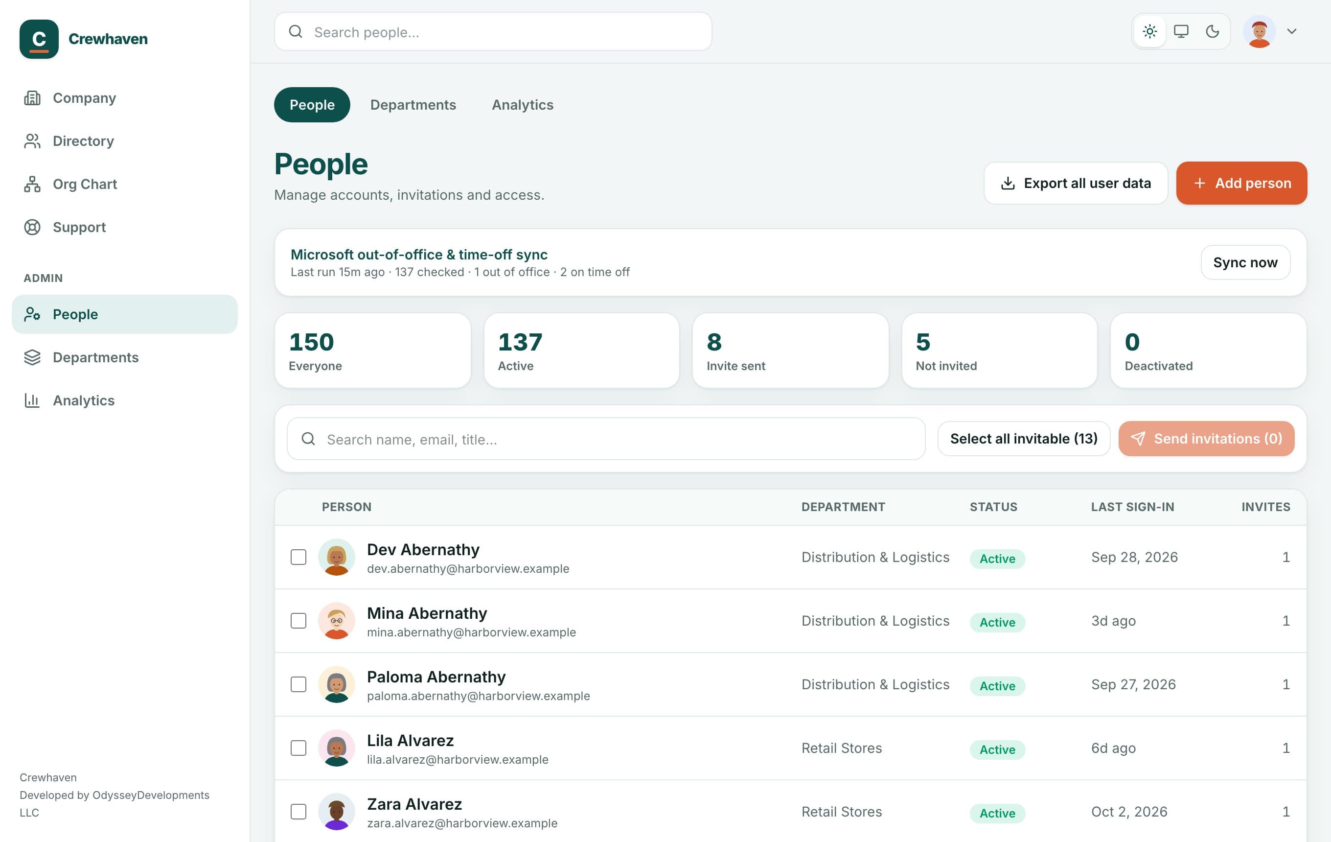 The admin People page with invitation status, last sign-in and a button to export all user data.