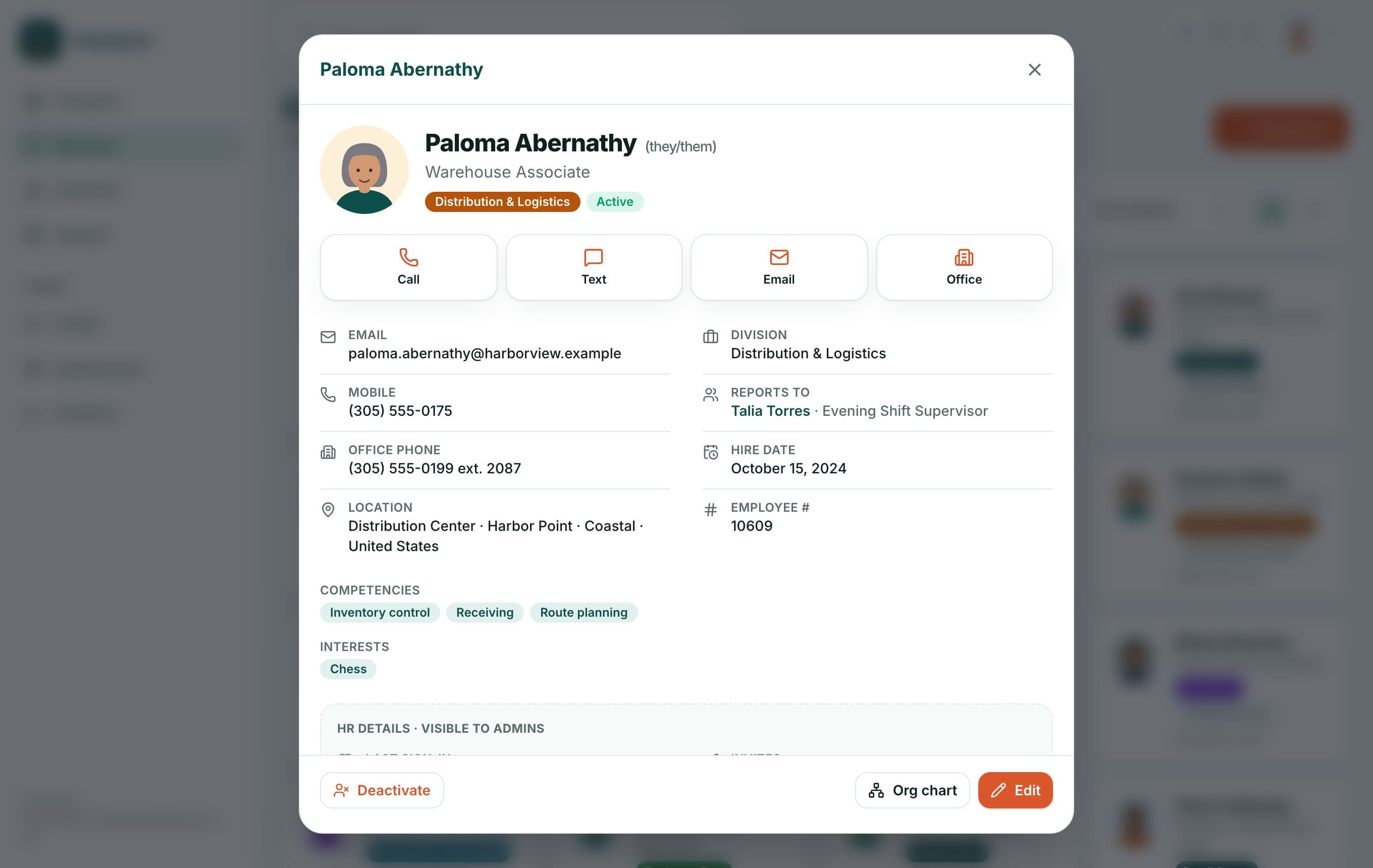 A Crewhaven employee profile with call, text and email buttons, reporting line, skills and interests.